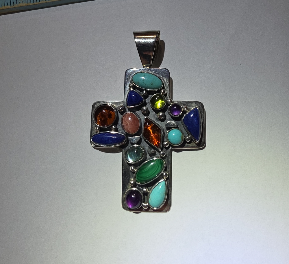 Jay King Sterling Silver Multi-Gem Cross Pendant in Blue, Green, Purple & Teal